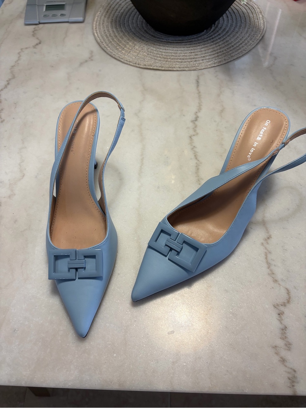 Pointed Slingback Heels in Powder Blue with Buckle Detail